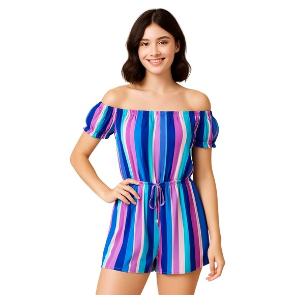 Bebop Romper M Multicolor Off Shoulder Striped Drawstring Waist Modern Boho New - Picture 1 of 13